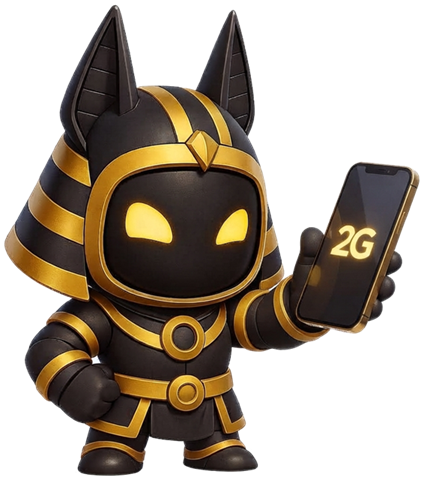 Mascote da 2G Negócios Digitais, um Anúbis estilizado em preto e dourado segurando um celular